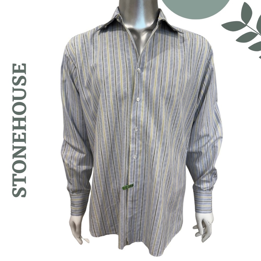Stonehouse Men’s Striped Button-Up Dress Shirt Blue White Green – Size Large